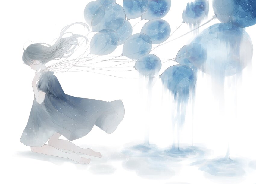 1girl balloon bare_legs barefoot dress facing_away floating_hair gradient_clothes gradient_dress gradient_hair grey_dress grey_hair hand_up highres kneeling long_hair melting multicolored_hair original short_sleeves soles solo starry_sky_print string_around_neck toes utaha_uta white_background