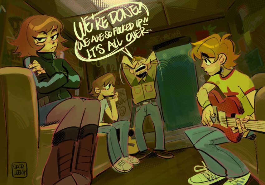 black_eyes brown_hair crossed_arms denim dialogue_box english_text freckles grey_shirt guitar highres huge_eyebrows instrument jacket jeans kim_pine multicolored_clothes multicolored_jacket neil_nordegraf pants red_hair scott_pilgrim scott_pilgrim_(series) scott_pilgrim_takes_off shirt skcd_loen stephen_stills two-tone_jacket yellow_shirt