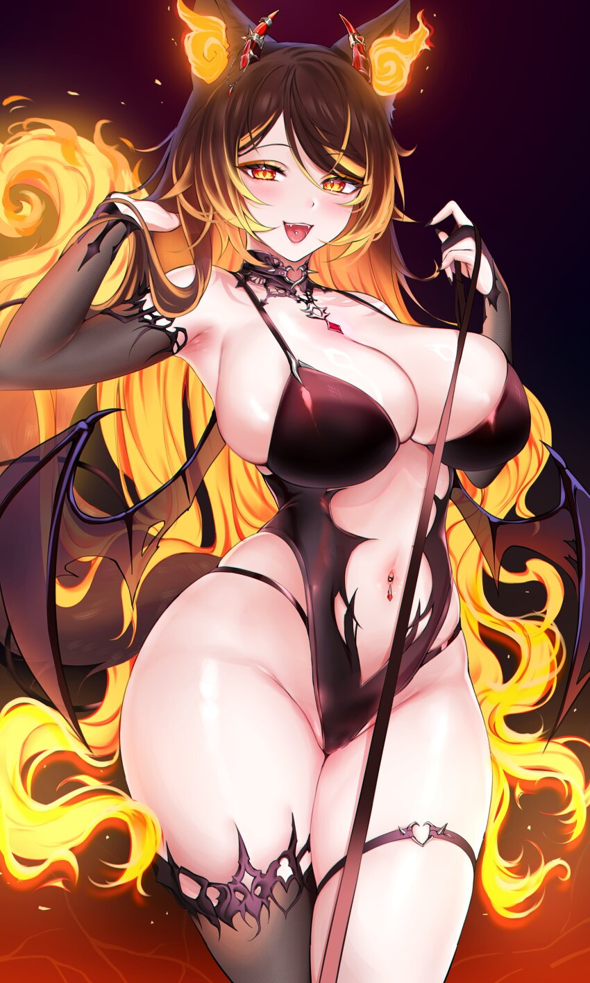 1girl absurdres animal_ears breasts bridal_gauntlets brown_hair cowboy_shot demon_girl demon_horns demon_wings fangs fire highres holding holding_leash horns huge_breasts indie_virtual_youtuber leash long_hair looking_at_viewer navel navel_piercing necrotenshi open_mouth orange_eyes piercing pov sinder_(vtuber) single_thighhigh solo thigh_strap thighhighs tongue very_long_hair viewer_on_leash virtual_youtuber wings wolf_ears