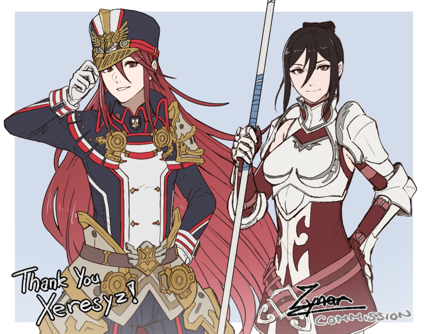 2girls armor black_hair black_jacket breastplate brown_eyes closed_mouth cm_lynarc commission cordelia_(fire_emblem) cordelia_(fire_emblem)_(cosplay) cosplay costume_switch crossover dress fire_emblem fire_emblem_awakening gloves hair_between_eyes hand_on_own_hip hat highres holding holding_polearm holding_weapon jacket long_hair long_sleeves looking_at_viewer morag_ladair_(xenoblade) morag_ladair_(xenoblade)_(cosplay) multiple_girls nintendo polearm red_dress red_eyes red_hair shoulder_armor signature smile weapon white_gloves xenoblade_chronicles_(series) xenoblade_chronicles_2