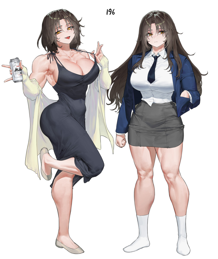 2girls abs absurdres beer_can black_dress black_necktie breasts brown_hair can cleavage clenched_hand dress drink_can ghdwid hand_in_pocket highres jacket large_breasts long_hair multiple_girls muscular muscular_female necktie no_shoes original shawl shirt short_hair short_necktie skirt socks toe_cleavage tongue tongue_out white_background white_shirt white_socks yellow_eyes