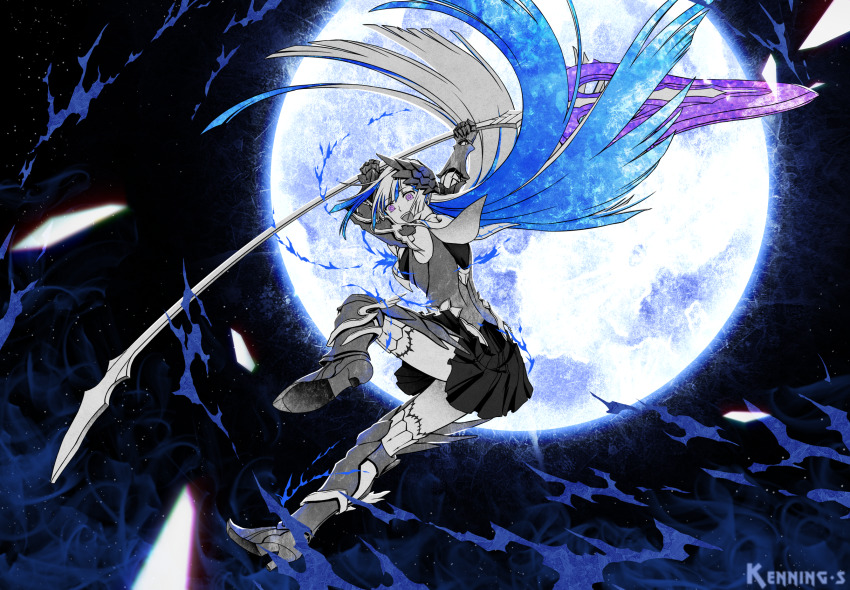 1girl arms_up brynhildr_(fate) brynhildr_romantia fate/grand_order fate/prototype fate/prototype:_fragments_of_blue_and_silver fate_(series) full_body full_moon highres holding holding_polearm holding_weapon kenning_spica long_hair moon multicolored_hair open_mouth polearm purple_eyes solo two-tone_hair very_long_hair weapon