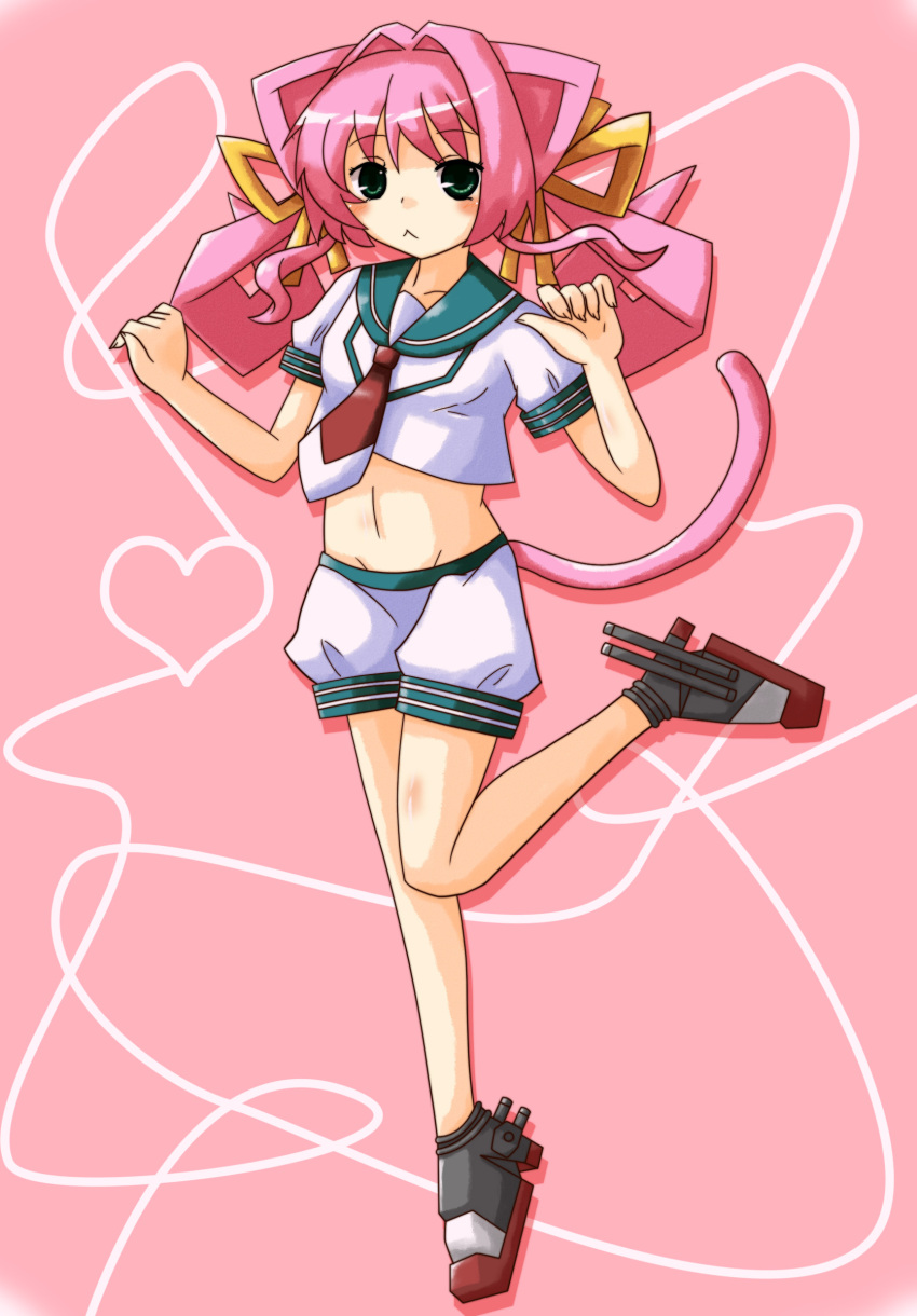 :&gt; :&lt; absurdres animal_ears blush cat_tail cosplay full_body green_eyes groin hair_intakes highres kantai_collection looking_at_viewer looking_back muv-luv navel neckerchief pink_background pink_hair puffy_pants puffy_short_sleeves puffy_sleeves sailor_collar school_uniform serafuku shirt short_sleeves shorts simple_background solo standing standing_on_one_leg tail tama_(kancolle) tamase_miki tomonekomata white_shirt