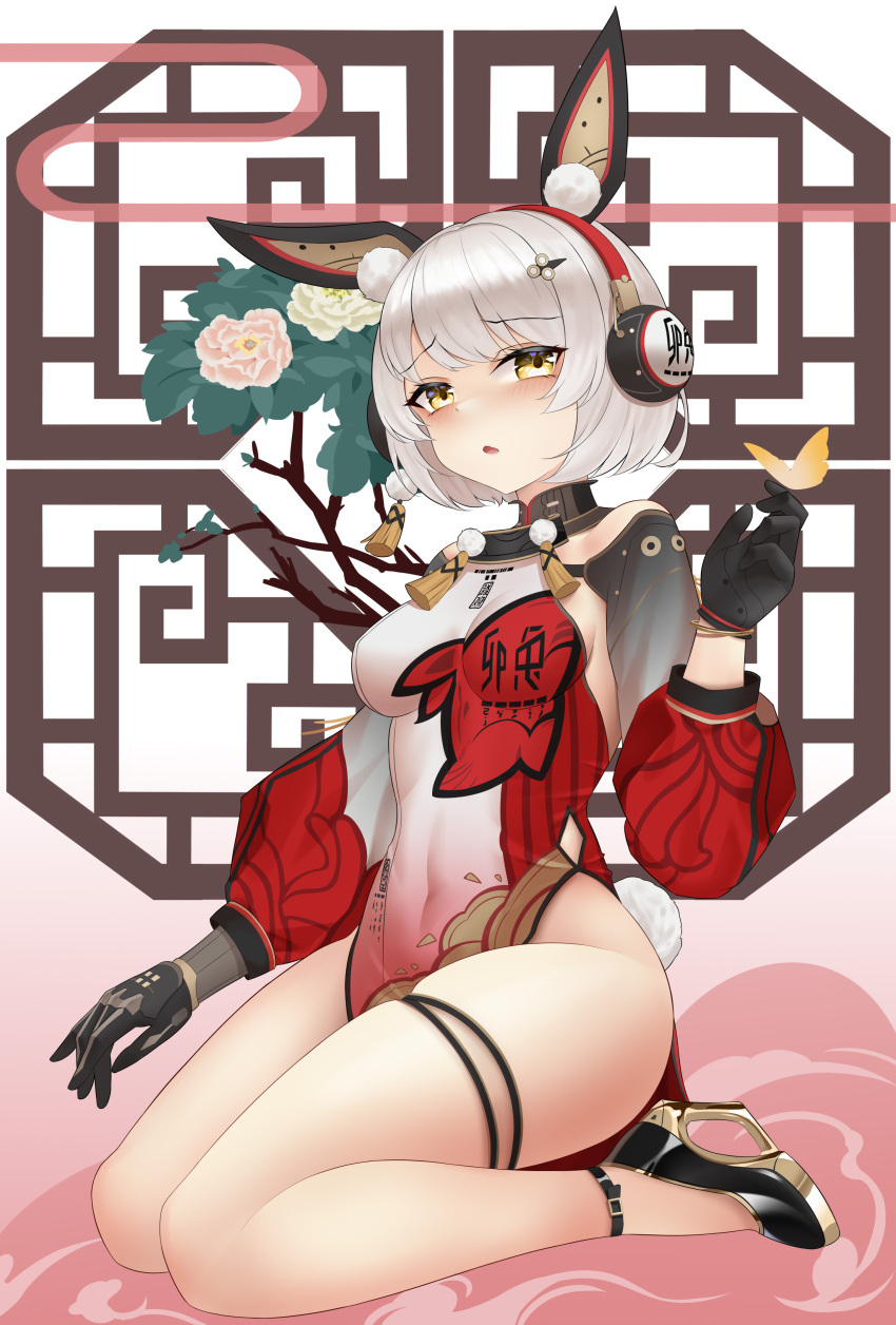 1girl absurdres animal_ears bare_legs breasts fake_animal_ears grey_hair headphones highres karenina:_scire_(march_hare)_(pgr) karenina_(pgr) mechanical_arms medium_breasts ningmengege orange_eyes punishing:_gray_raven rabbit_ears short_hair single_mechanical_arm