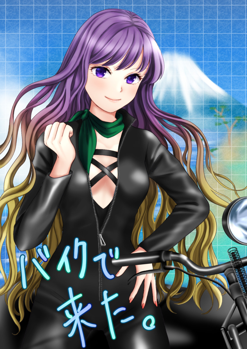 1girl biker_clothes black_bodysuit bodysuit green_scarf highres hijiri_byakuren kyabekko light_brown_hair long_hair long_sleeves motor_vehicle motorcycle partially_unzipped purple_eyes purple_hair scarf solo touhou turbo_byakuren very_long_hair zipper_pull_tab