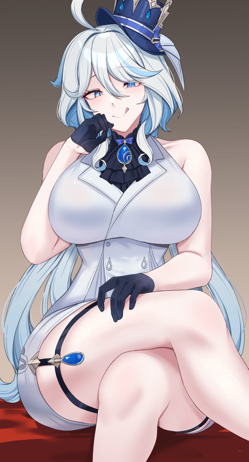 1girl :q absurdres aged_up ahoge ascot bare_arms bare_shoulders black_ascot black_gloves blue_eyes blue_hair blue_headwear breasts brooch commentary crossed_legs enough_333 feet_out_of_frame furina_(genshin_impact) genshin_impact gloves gradient_background grey_background hair_between_eyes highres jewelry large_breasts long_hair looking_at_viewer shirt sitting sleeveless sleeveless_shirt smile solo thigh_strap thighs tongue tongue_out very_long_hair white_shirt