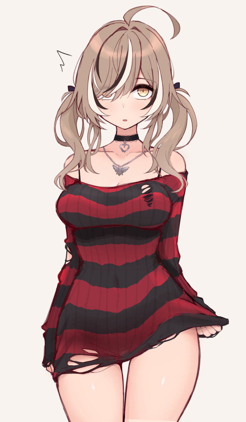 1girl ^^^ absurdres ahoge black_choker black_hair breasts brown_hair choker collarbone cowboy_shot curvy flying_sweatdrops hair_over_one_eye heart heart_choker highres hololive hololive_english horizontal-striped_clothes large_breasts long_sleeves looking_at_viewer m_r_b multicolored_hair nanashi_mumei nanashi_mumei_(emo) no_pants off-shoulder_sweater off_shoulder official_alternate_costume open_mouth red_sweater simple_background solo streaked_hair sweater thighs torn_clothes torn_sweater twintails virtual_youtuber white_background white_hair yellow_eyes