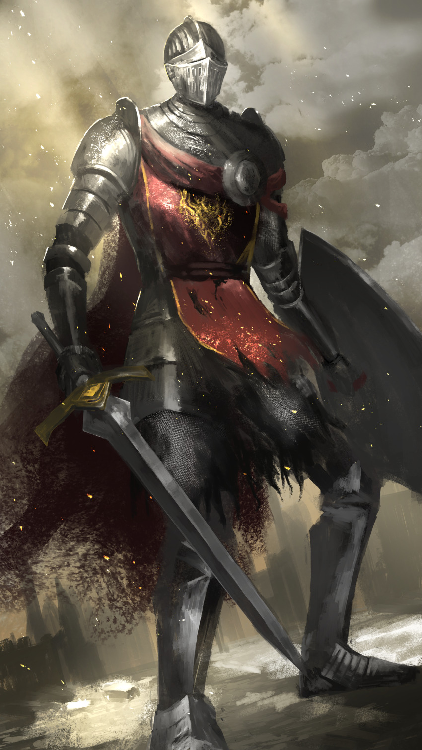 1other absurdres armor asaki_(asaki_vision) cape cloud cloudy_sky commentary_request dark_souls_(series) dark_souls_iii full_armor gauntlets greaves grey_sky helm helmet highres holding holding_shield holding_sword holding_weapon lothric_knight other_focus outdoors red_cape shield sky solo standing sunlight sword weapon