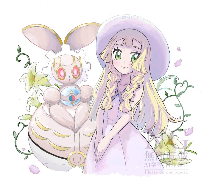 1girl blonde_hair blunt_bangs blush braid creatures_(company) dress game_freak gen_7_pokemon green_eyes hat legendary_pokemon lillie_(pokemon) long_hair looking_at_viewer magearna magearna_(normal) mythical_pokemon nintendo pokemon pokemon_(creature) pokemon_sm ponytail sandora_(karugamo_no_e) sleeveless sleeveless_dress smile solo sun_hat twin_braids white_dress white_hat