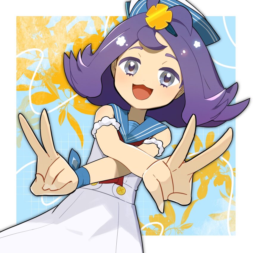 1girl acerola_(pokemon) acerola_(summer_2024)_(pokemon) creatures_(company) dress game_freak hair_ornament hat highres looking_at_viewer nintendo official_alternate_costume open_mouth peppedayo_ne pokemon pokemon_masters_ex purple_eyes purple_hair sailor sailor_collar sailor_hat shirt short_hair sleeveless smile solo