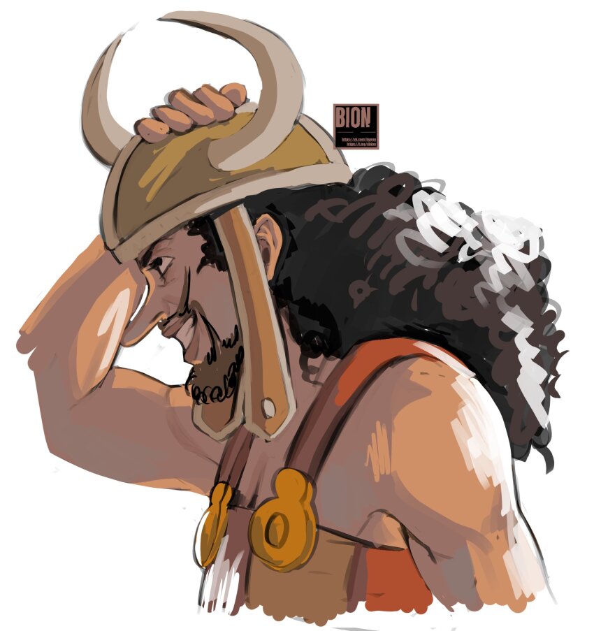 1boy black_hair commentary_request curly_eyebrows fake_beard fake_facial_hair fake_horns fake_mustache hand_on_helmet helmet highres horns long_hair long_nose male_focus one_piece onex1x overalls profile simple_background smile solo upper_body usopp white_background