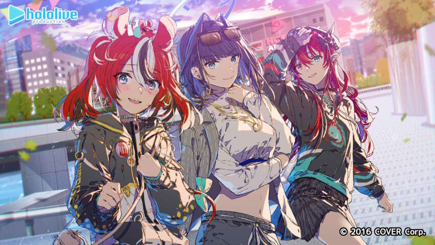 3girls animal_ears arm_up black_choker black_hoodie blue_eyes blue_hair breasts choker closed_mouth commentary_request copyright_notice crop_top day earrings falling_leaves grey_jacket grey_skirt hair_between_eyes hair_intakes hakos_baelz halo hat highres hololive hololive_english hood hoodie horns irys_(hololive) jacket jacket_on_shoulders jewelry large_breasts leaf long_hair long_sleeves looking_at_viewer medium_hair midriff mouse_ears multiple_girls muromaki navel official_art open_mouth ouro_kronii outdoors plaid_clothes plaid_skirt pleated_skirt pointy_ears red_hair shirt sidelocks skirt teeth twintails upper_teeth_only virtual_youtuber white_shirt