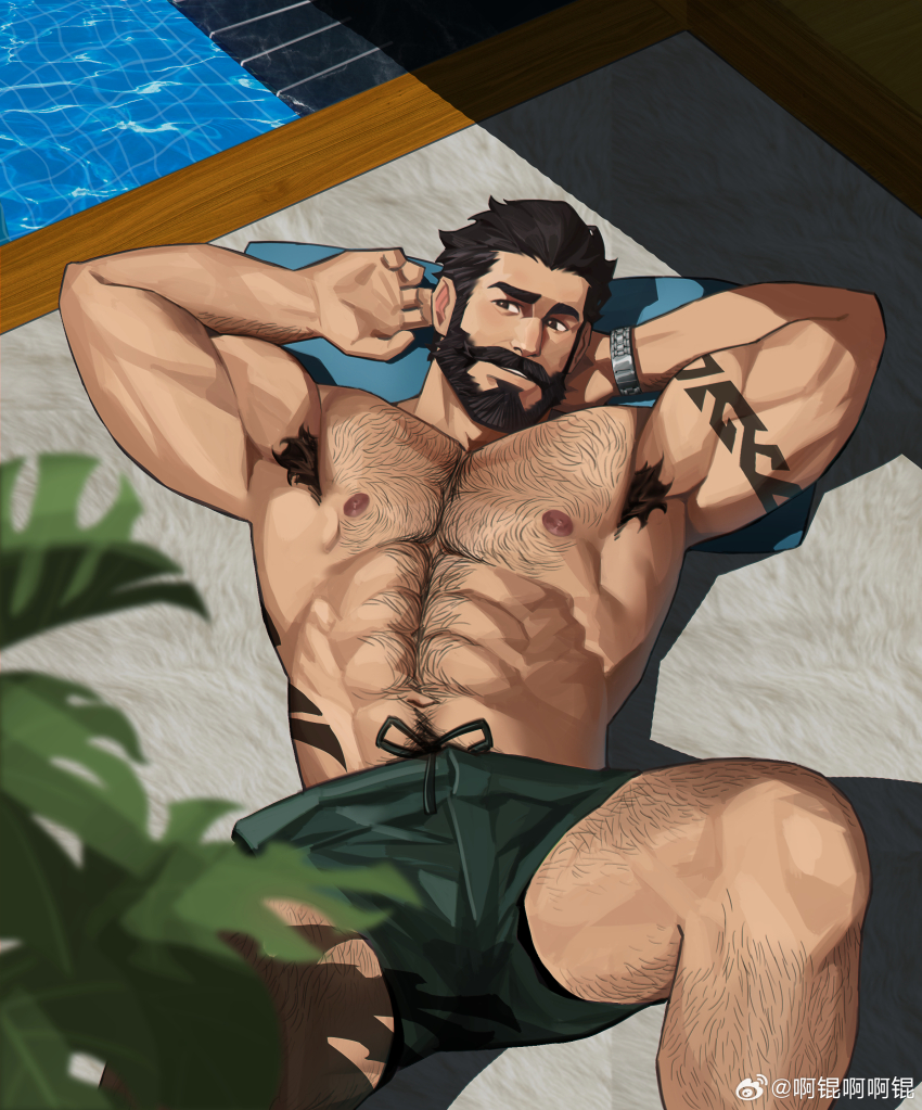 1boy abs absurdres akunaakun_(kunkun586586) arm_tattoo armpit_hair bara black_hair chest_hair graves_(league_of_legends) green_male_swimwear highres large_pectorals league_of_legends lying male_focus male_swimwear muscular muscular_male navel navel_hair nipples official_alternate_costume on_back pectorals pool_party_graves short_hair solo tattoo watch wristwatch