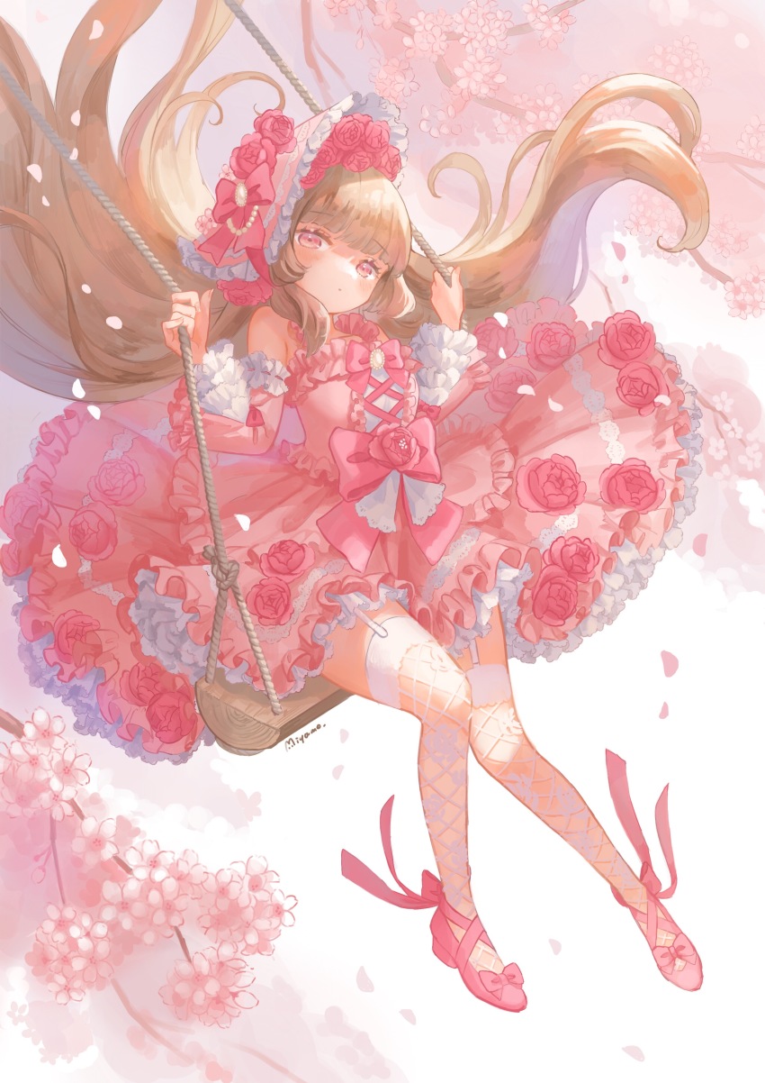 1girl absurdres artist_name blonde_hair blunt_bangs bow cherry_blossoms commentary_request detached_sleeves dress fishnet_thighhighs fishnets footwear_bow frilled_dress frills full_body garter_straps highres holding lolita_fashion long_hair miyamo_(fumifumi_no_ura) original pink_bow pink_dress pink_eyes pink_footwear pink_sleeves pink_theme sitting sleeveless sleeveless_dress solo swing thighhighs white_thighhighs