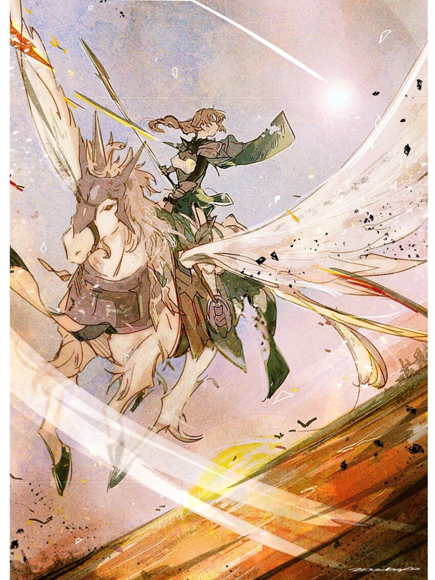 1girl animal armor armored_animal blonde_hair cape commentary fire_emblem fire_emblem:_three_houses floating_cape flying highres holding holding_polearm holding_weapon ingrid_brandl_galatea long_hair looking_to_the_side nintendo pegasus pillarboxed polearm reins signature sky solo sunset symbol-only_commentary water weapon wind wings yuki_1217k