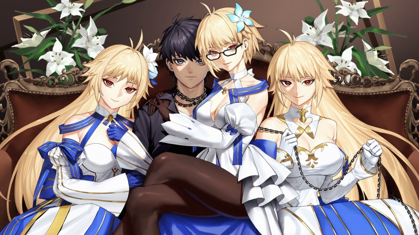 1boy 3girls absurdres archetype_earth archetype_earth_(third_ascension) arcueid_brunestud arcueid_brunestud_(mooncancer) bare_shoulders black_hair black_pantyhose black_shirt blonde_hair blue_gloves blue_ribbon breasts brown_gloves chain chained choker cleavage collared_shirt commission detached_sleeves emo37337640 empty_picture_frame fate/grand_order fate_(series) flower frilled_skirt frills glasses gloves gold_trim hair_flower hair_ornament hand_around_neck hand_on_another&#039;s_shoulder highres holding holding_chain large_breasts leaning_on_person light_smile locked_arms long_hair looking_at_viewer multicolored_clothes multiple_girls overskirt pantyhose picture_frame plant red_eyes ribbon shirt short_hair sitting sitting_on_lap sitting_on_person skeb_commission skirt tohno_shiki tsukihime white_gloves