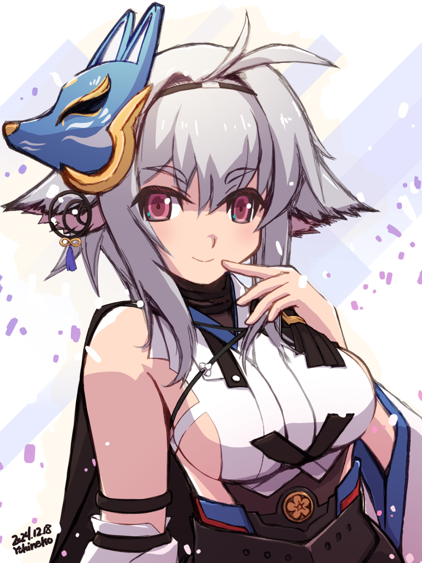 1girl animal_ears azur_lane bare_shoulders breasts commentary_request detached_sleeves finger_to_mouth fox_ears fox_girl fox_mask hair_between_eyes highres looking_at_viewer mask mask_on_head medium_breasts medium_hair nekono_(yukineko) no_bra pink_eyes sakura_empire_(emblem) sideboob smile solo tosa_(azur_lane) upper_body white_hair wide_sleeves