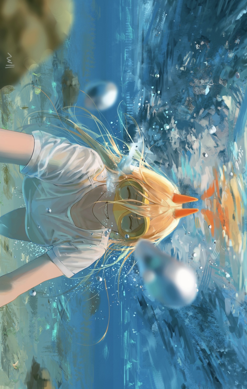 1girl absurdres air_bubble blonde_hair bubble chainsaw_man closed_eyes day demon_girl demon_horns grin highres horns null_(skev7724) power_(chainsaw_man) red_horns see-through_clothes smile solo submerged swimming teeth underwater water