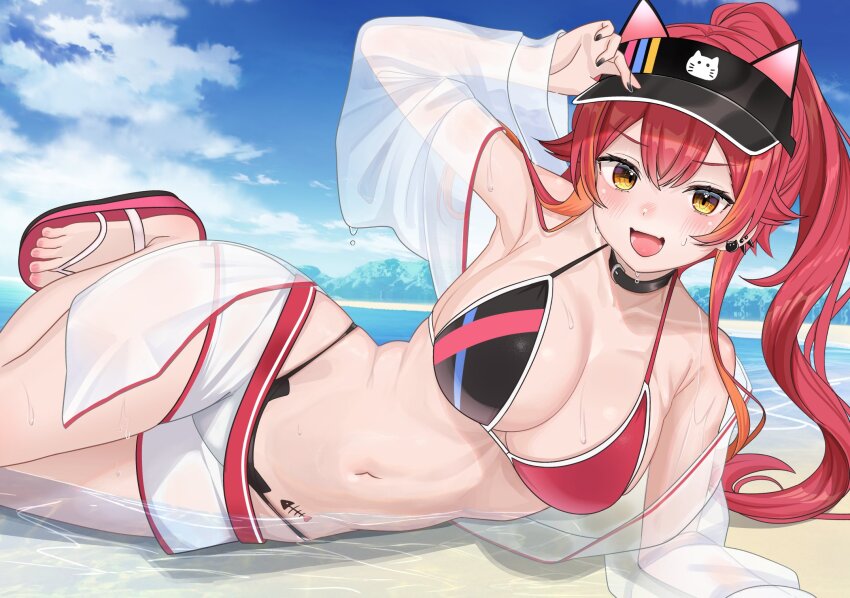 1girl bikini black_bikini black_nails blush breasts cat_ear_bikini collar fish_bone_print hair_between_eyes hand_on_headwear hat hat_with_ears highres jacket jewelry large_breasts long_hair looking_at_viewer lying multicolored_bikini multicolored_clothes multicolored_hair navel nekota_tsuna nekota_tsuna_(summer_c102) ocean on_side orange_eyes orange_hair pink_bikini red_hair sandals see-through_clothes see-through_jacket shorts smile solo spiked_ear_piercing streaked_hair swimsuit tojo_aoi virtual_youtuber vspo! wet