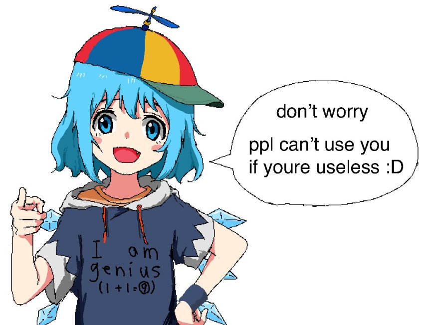 1girl :d adapted_costume aiu404l blue_eyes blue_hair blue_hoodie circled_9 cirno drawstring english_text fang flat_chest hood hoodie ice ice_wings looking_at_viewer meme open_mouth pixel_art pointing pointing_at_viewer propeller_hat short_hair smile touhou truth upper_body wings wristband