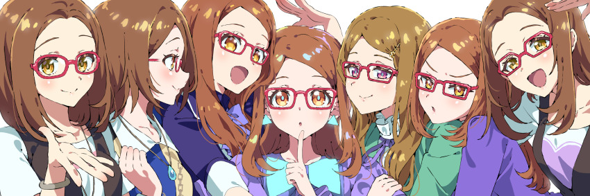 6+girls :d akai_meganee bracelet brown_eyes brown_hair closed_mouth collared_shirt commentary_request earrings finger_to_mouth glasses glowing_clothes green_jacket hair_ornament hairclip hand_up highres himitsu_no_aipri jacket jewelry kiratto_pri_chan long_hair looking_at_viewer multiple_girls multiple_persona necklace open_mouth parted_bangs pretty_rhythm pretty_series pripara profile purple_eyes purple_jacket red-framed_eyewear shirt short_hair smile swept_bangs tsujii_luki upper_body waccha_primagi! white_shirt