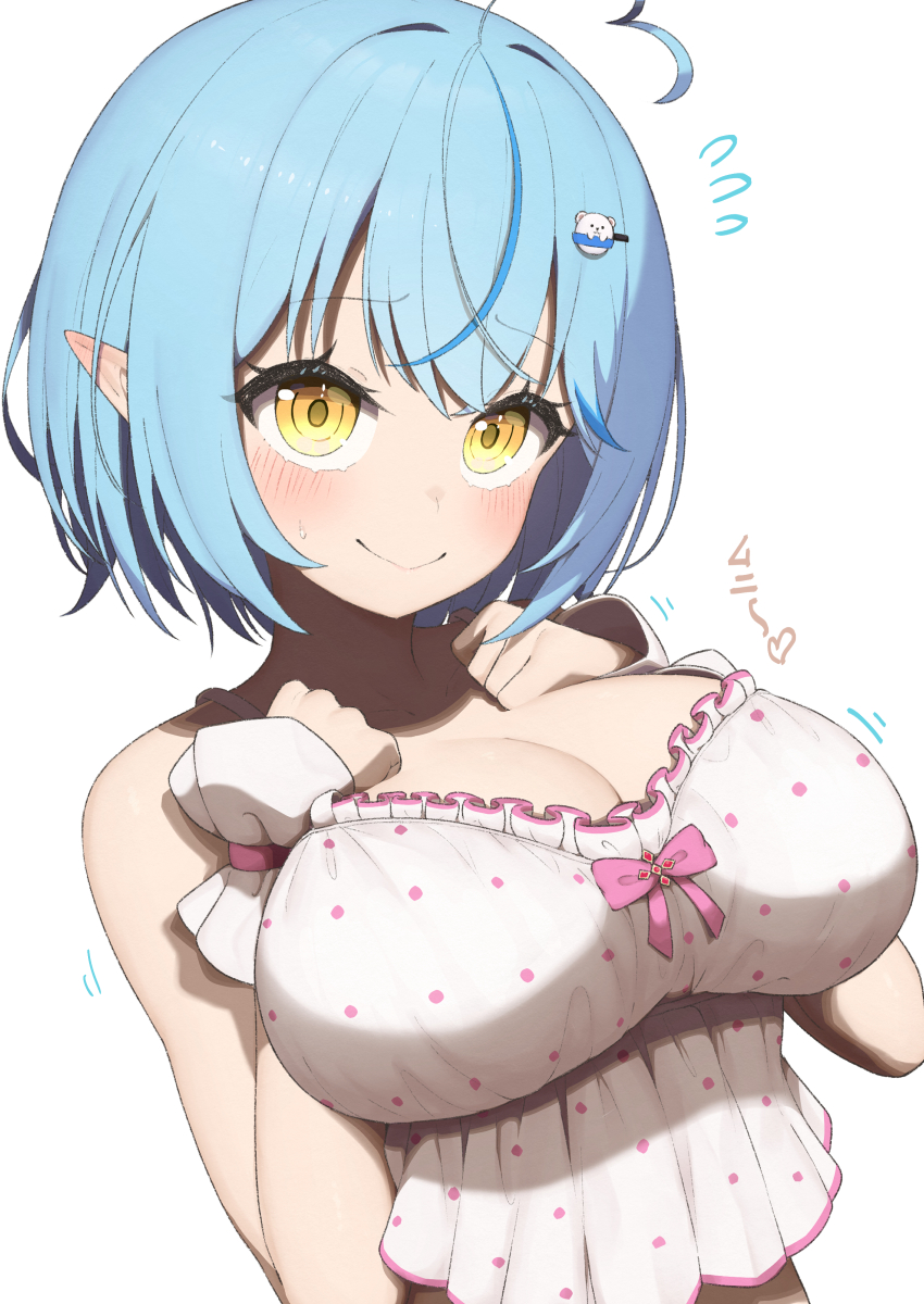 1girl absurdres ahoge bare_shoulders blue_hair blush breasts camisole cleavage closed_mouth collarbone elf flying_sweatdrops hands_on_own_chest heart heart_ahoge highres hololive impossible_clothes large_breasts looking_at_viewer lunch_boxer multicolored_hair pointy_ears short_hair smile solo streaked_hair two-tone_hair upper_body virtual_youtuber wrist_cuffs yellow_eyes yukihana_lamy yukihana_lamy_(loungewear)