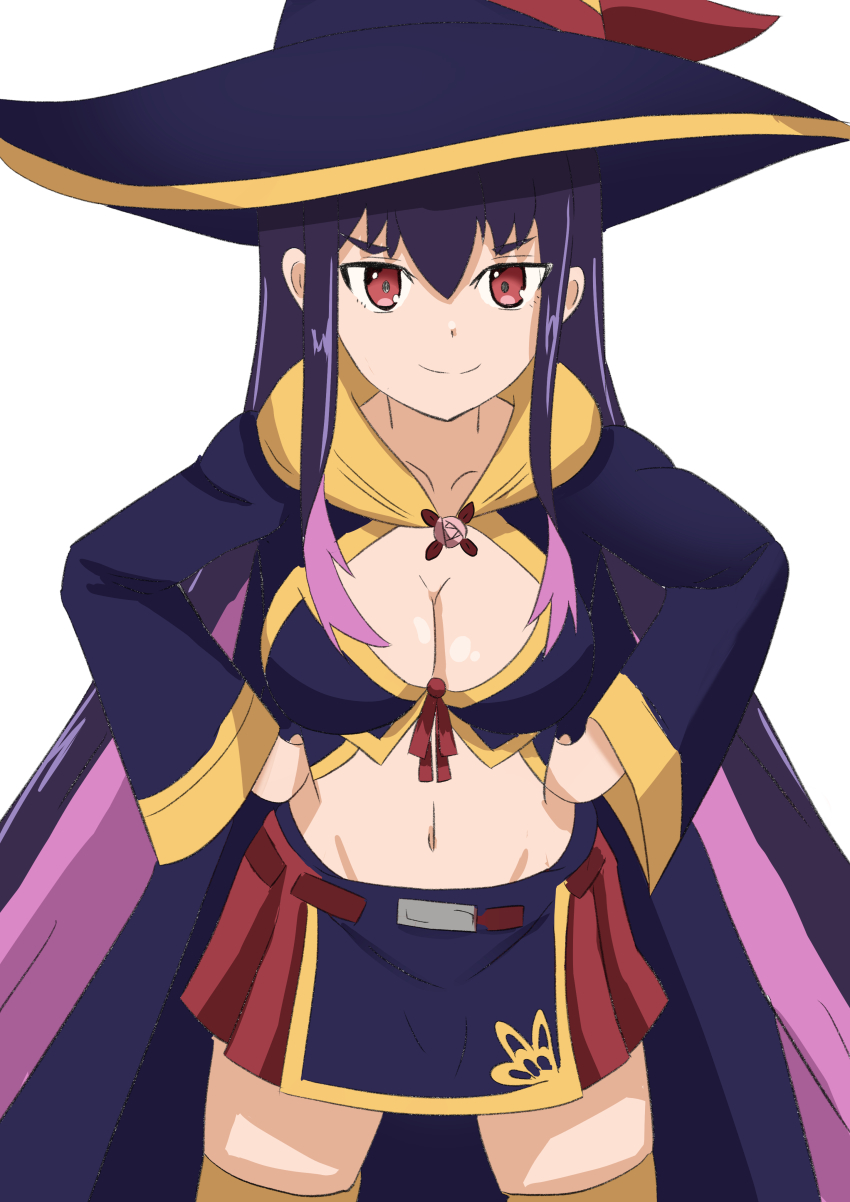 1girl breasts cape cleavage cleavage_cutout clothing_cutout hands_on_own_hips hat highres idola_avorn large_breasts legs long_hair looking_at_viewer midriff navel purple_hair red_eyes sentai_red_ga_isekai_de_boukensha_ni_naru smile solo thighs very_long_hair witch witch_hat