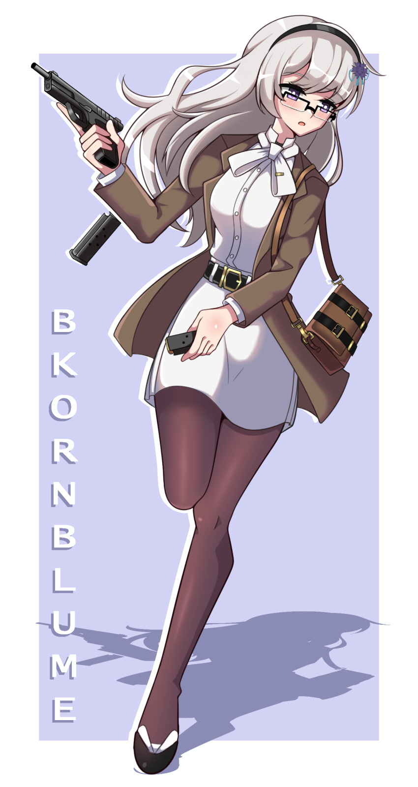 1girl :o absurdres bag belt bkornblume black_belt black_footwear black_hairband black_pantyhose blue_background blue_eyes blue_flower border bow bowtie bright_pupils brown_bag brown_coat character_name coat flower full_body glasses grey_hair gun hair_flower hair_ornament hairband hand_up handgun highres holding holding_gun holding_magazine holding_weapon leg_up long_hair long_sleeves looking_to_the_side magazine_(object) miniskirt official_alternate_costume outside_border over-rim_eyewear pantyhose pencil_skirt reverse:1999 running semi-rimless_eyewear shadow shirt shoulder_bag skirt solo weapon white_border white_bow white_bowtie white_pupils white_shirt white_skirt yuriseagull