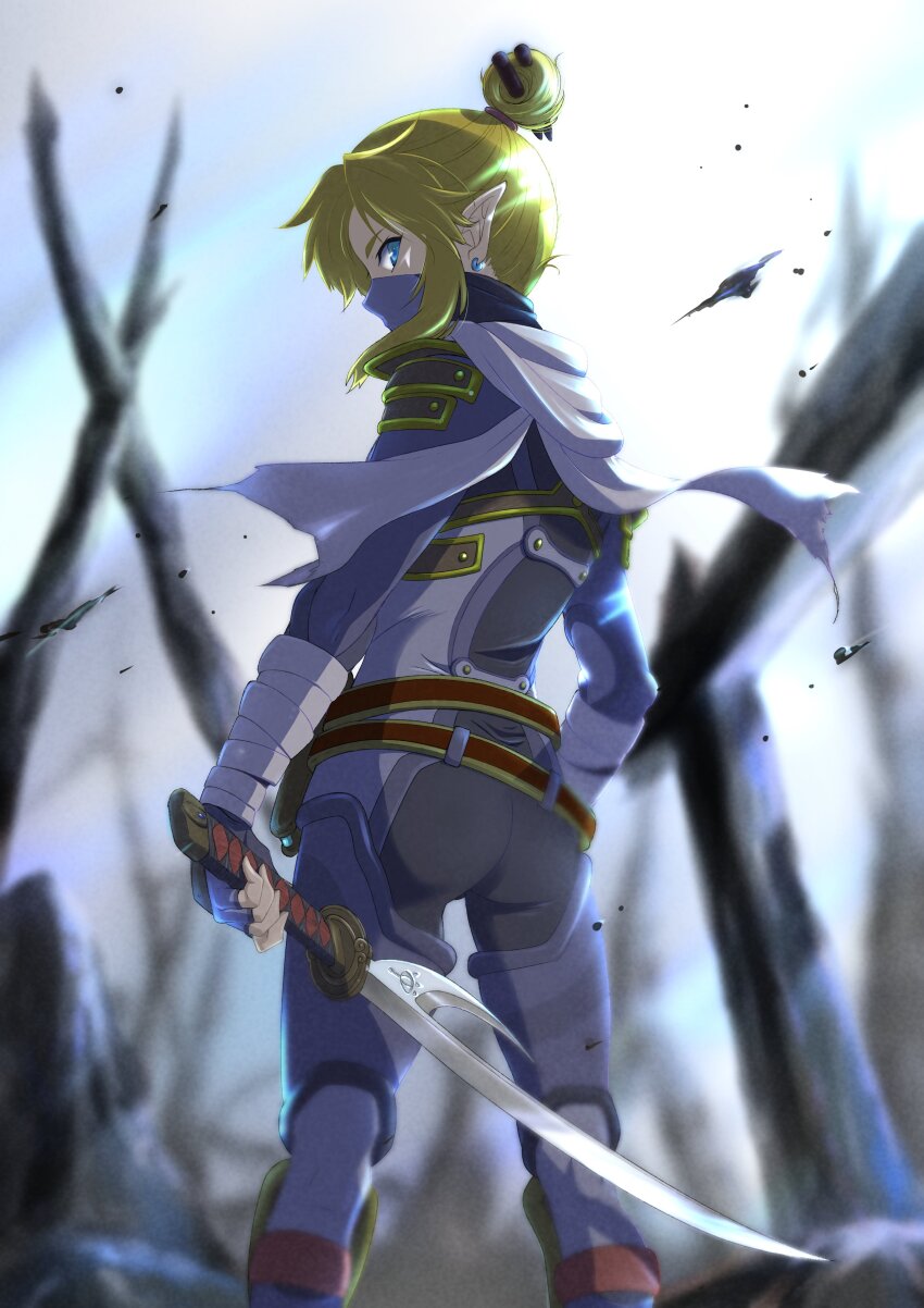 1boy absurdres ass blonde_hair blue_bodysuit blue_eyes blue_gloves blue_mask blurry blurry_background bodysuit commentary_request earrings feet_out_of_frame fingerless_gloves from_behind gloves hair_bun hair_ornament hair_stick highres holding holding_sword holding_weapon jewelry link looking_at_viewer looking_back mask mouth_mask nintendo pointy_ears scarf sidelocks single_hair_bun solo standing stealth_set_(zelda) sword the_legend_of_zelda the_legend_of_zelda:_breath_of_the_wild tomo.puri weapon