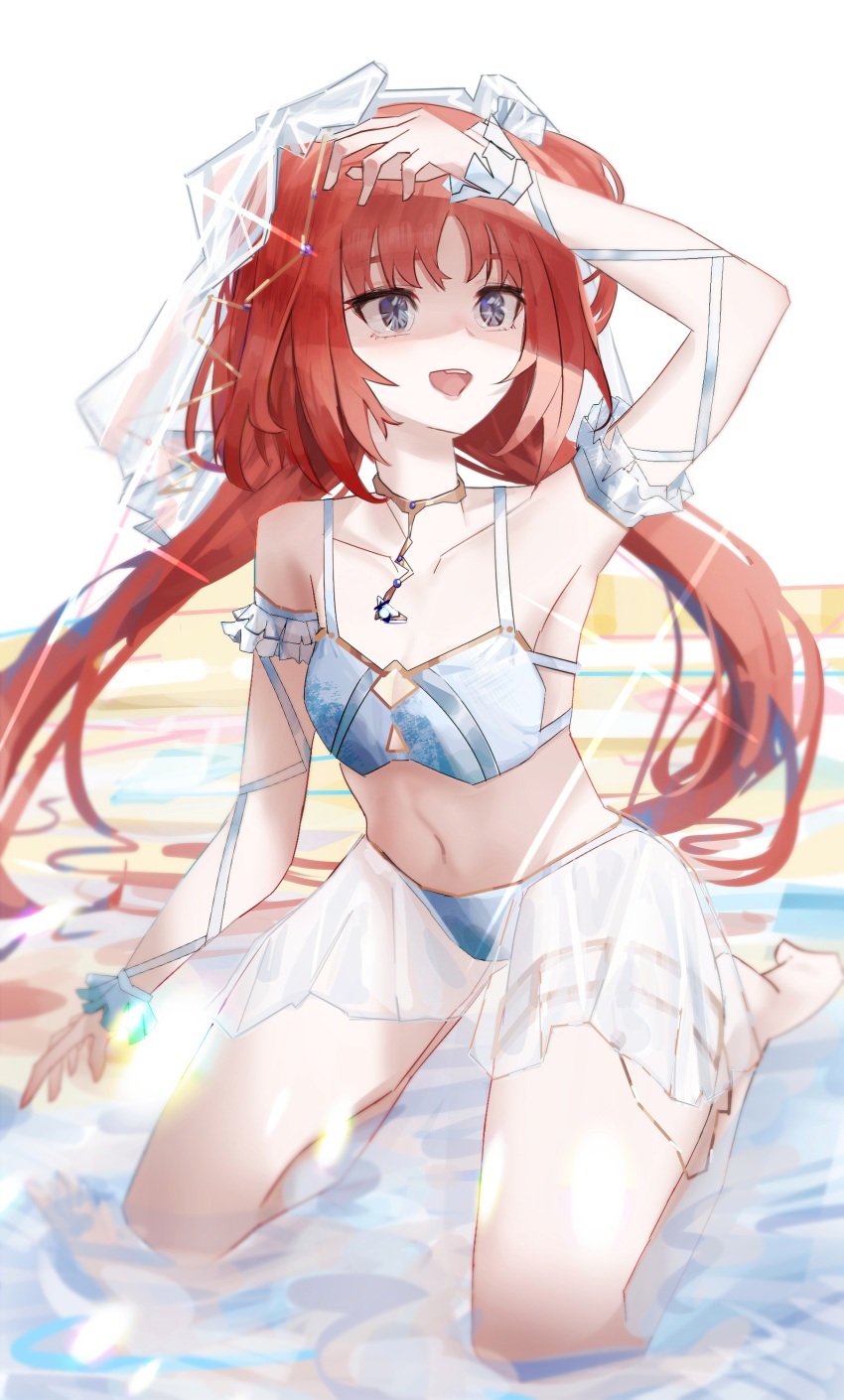 1girl absurdres achib alternate_costume arm_up bikini blue_bikini blue_eyes breasts commentary genshin_impact highres kneeling long_hair looking_to_the_side low_twintails nilou_(genshin_impact) open_mouth red_hair shallow_water sketch small_breasts smile solo swimsuit twintails water