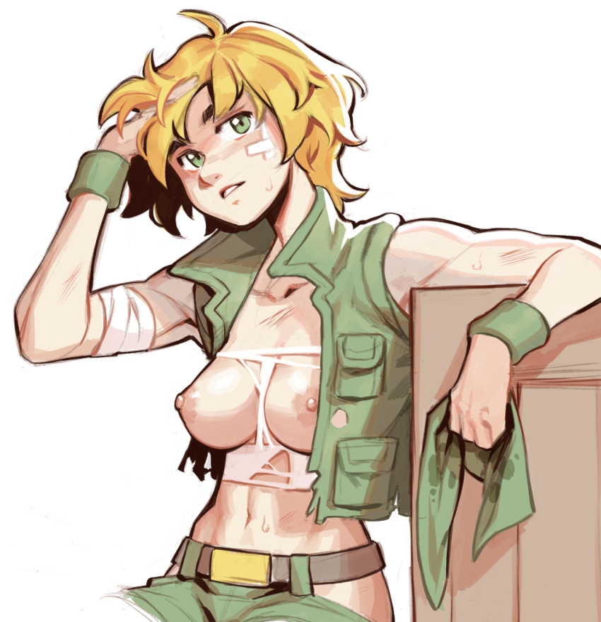 1girl arm_up blonde_hair breasts collarbone commission crop_top effy_neprin green_eyes kasamoto_eri large_breasts metal_slug navel nipples short_hair simple_background sitting solo upper_body white_background