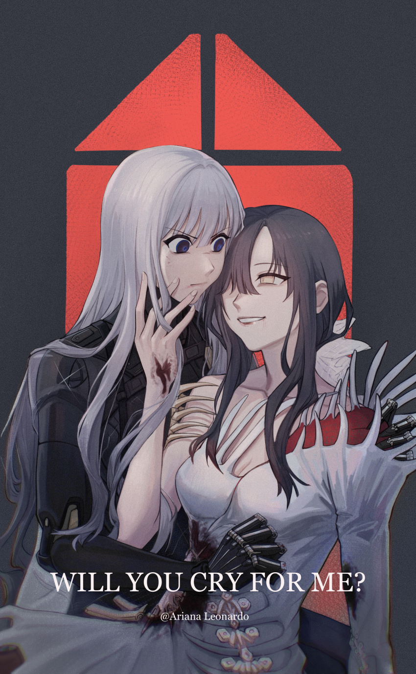 2girls absurdres ak-12_(girls&#039;_frontline) ak-12_(mod3)_(girls&#039;_frontline) alternate_costume android angelia_(girls&#039;_frontline) arianaleonardo artist_name black_bodysuit black_hair blood blood_on_arm blue_eyes bodysuit breasts collarbone dress english_text feet_out_of_frame girls&#039;_frontline highres light_smile lips long_hair looking_at_another mechanical_arms medium_breasts multiple_girls official_alternate_costume open_mouth parted_lips serious sidelocks simple_background sitting twitter_username white_dress white_hair yellow_eyes