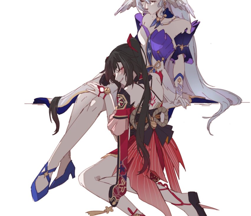 2girls backless_outfit bare_shoulders bell black_hair blue_footwear blush collarbone commentary crying dress english_commentary gloves grey_hair hand_on_another&#039;s_thigh high_heels highres honkai:_star_rail honkai_(series) kneeling long_hair looking_at_viewer multiple_girls parted_lips purple_dress red_dress red_eyes robin_(honkai:_star_rail) simple_background sitting smile sparkle_(honkai:_star_rail) suimi_esse tears twintails two-tone_dress very_long_hair white_background white_dress white_gloves yuri