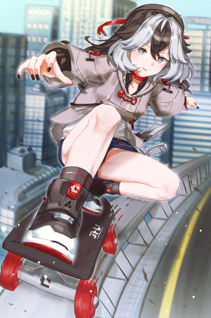 1girl black_footwear black_hair building character_request city full_body ggo_nol_ja grey_eyes grey_jacket highres honkai_(series) honkai_impact_3rd jacket multicolored_hair railing skateboard skateboarding skyscraper solo two-tone_hair white_hair