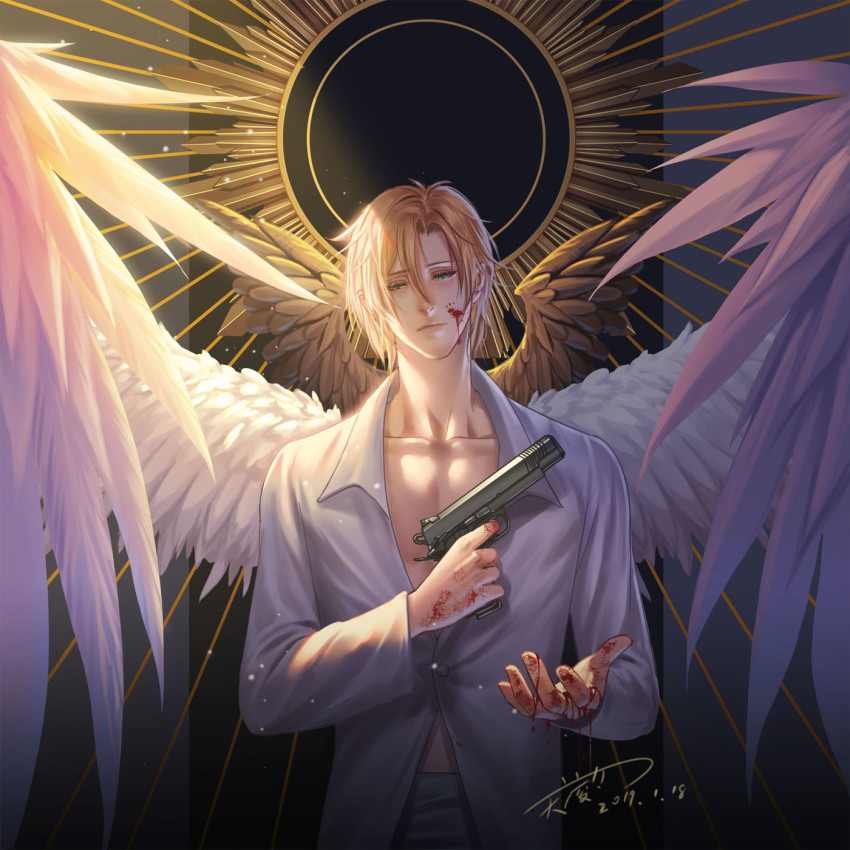 1boy angel angel_wings ash_lynx banana_fish blonde_hair blood blood_on_face blood_on_hands commentary english_commentary green_eyes gun handgun highres holding holding_gun holding_weapon looking_at_viewer male_focus pants pistol shirt short_hair simple_background solo t-shirt tianlingdoudou weapon wings