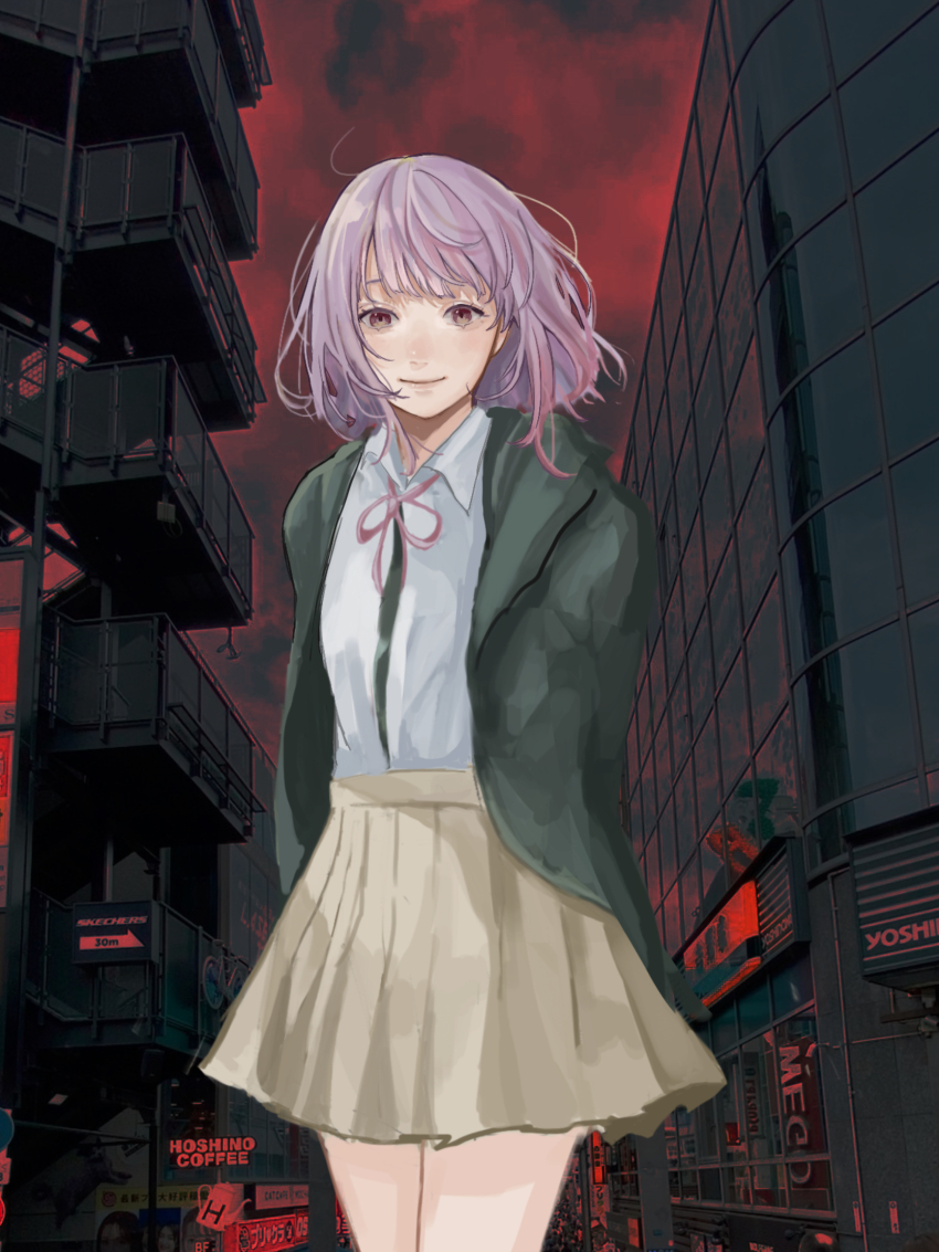 1girl arms_behind_back brown_skirt building city closed_mouth collared_shirt commentary danganronpa_(series) danganronpa_2:_goodbye_despair eyelashes green_jacket highres hood hooded_jacket jacket long_sleeves looking_at_viewer medium_hair nanami_chiaki neck_ribbon neon_lights open_clothes outdoors pink_eyes pink_hair pink_ribbon red_sky ribbon sasaki_(onaka_suita8989) shirt skirt sky smile solo white_shirt