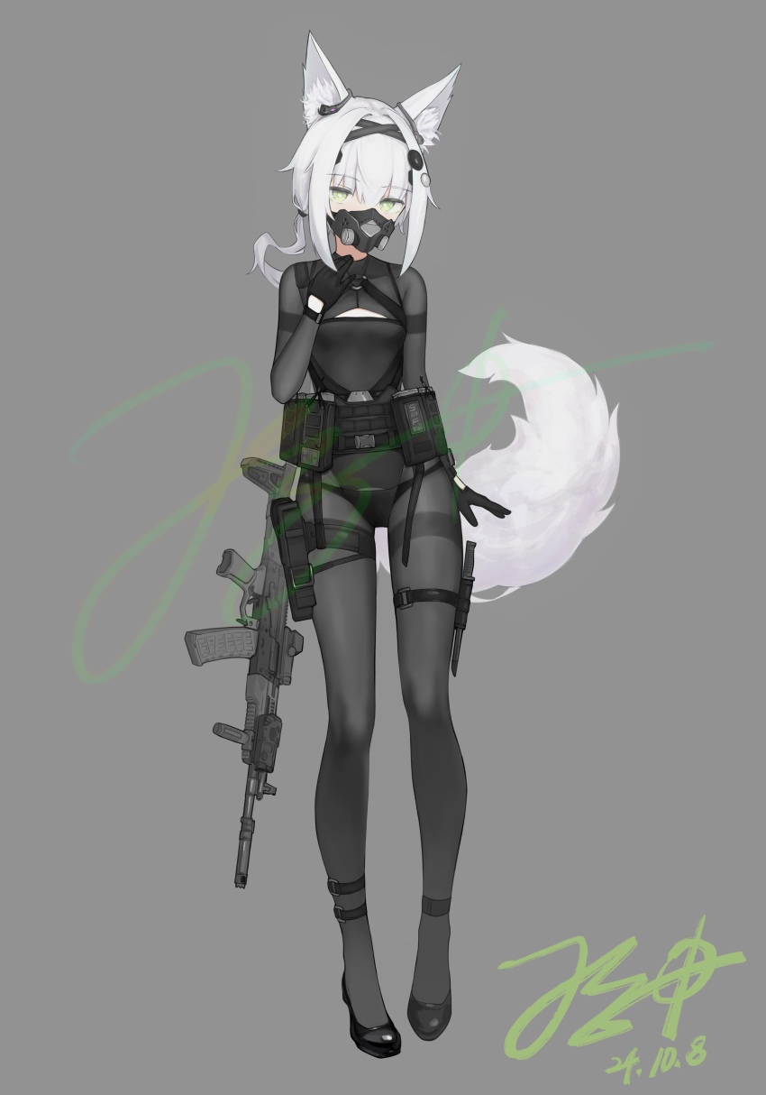 1girl absurdres ak-15 ammunition_pouch animal_ear_fluff animal_ears ankle_strap assault_rifle black_footwear black_gloves black_panties bodystocking breasts buckle chest_rig chinese_commentary commentary_request dated earpiece full_body gas_mask gloves green_eyes grey_background gun hair_tie handgun headgear highres holster jerry_wang kalashnikov_rifle knife knife_sheath laser_sight magazine_(weapon) mask medium_hair military_operator optical_sight original panties panties_visible_through_clothes pouch rifle sheath side_ponytail sidelocks signature simple_background small_breasts snap-fit_buckle standing strap tactical_clothes tail thigh_holster thigh_strap underwear vertical_foregrip weapon white_hair white_tail