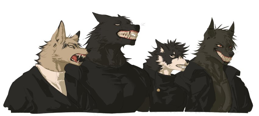 4boys absurdres animal_ears black_fur black_jacket blue_eyes body_fur brown_fur collared_jacket commentary dog_boy dog_ears ear_piercing english_commentary fox_boy fox_ears furrification furry furry_male fushiguro_megumi fushiguro_touji grey_eyes grin high_collar highres iba_(kcokaine) jacket jujutsu_kaisen lip_piercing looking_at_viewer male_focus multiple_boys muscular muscular_male open_clothes open_jacket open_mouth original piercing red_eyes scar scar_on_face scar_on_mouth sharp_teeth simple_background skin_tight smile teeth toned toned_male upper_body white_background wolf_boy wolf_ears zen&#039;in_naoya