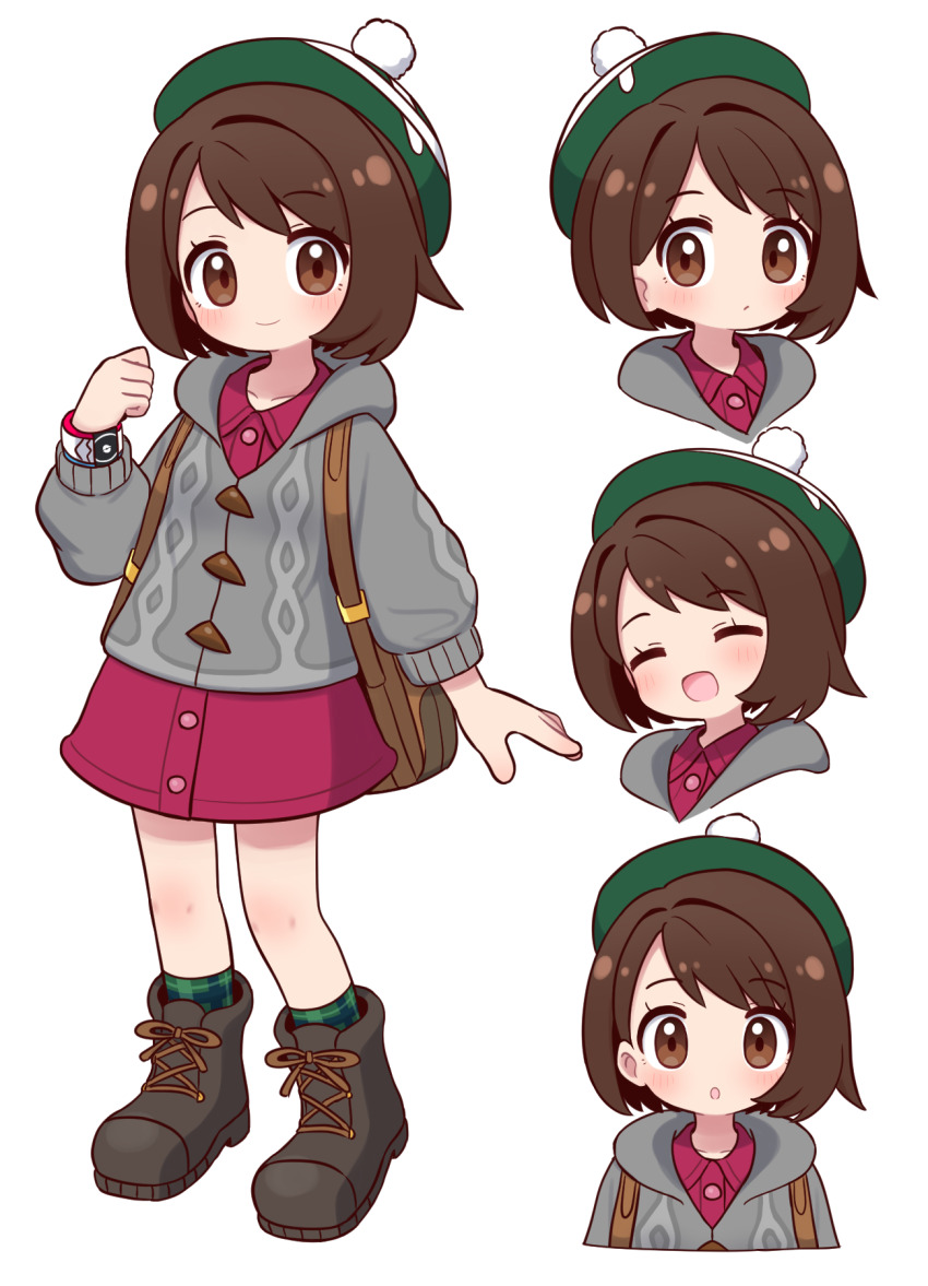 1girl :d beret brown_eyes brown_hair cardigan creatures_(company) dress full_body game_freak gloria_(pokemon) green_hat green_socks grey_cardigan hat highres long_sleeves multiple_views naga_u nintendo open_mouth pink_dress plaid_clothes plaid_socks pokemon pokemon_swsh puffy_long_sleeves puffy_sleeves short_hair simple_background smile socks white_background