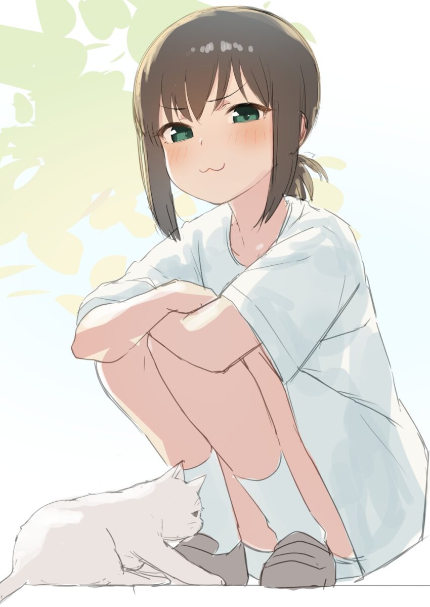 1girl :3 ankle_socks arms_on_knees blush brown_footwear brown_hair cat closed_mouth collarbone commentary_request crossed_arms fubuki_(kancolle) green_background green_eyes highres implied_pantyshot kantai_collection loafers looking_at_viewer low_ponytail medium_hair oversized_clothes oversized_shirt sakiecho shirt shoes short_sleeves sidelocks simple_background socks solo squatting t-shirt white_background white_cat white_shirt white_socks