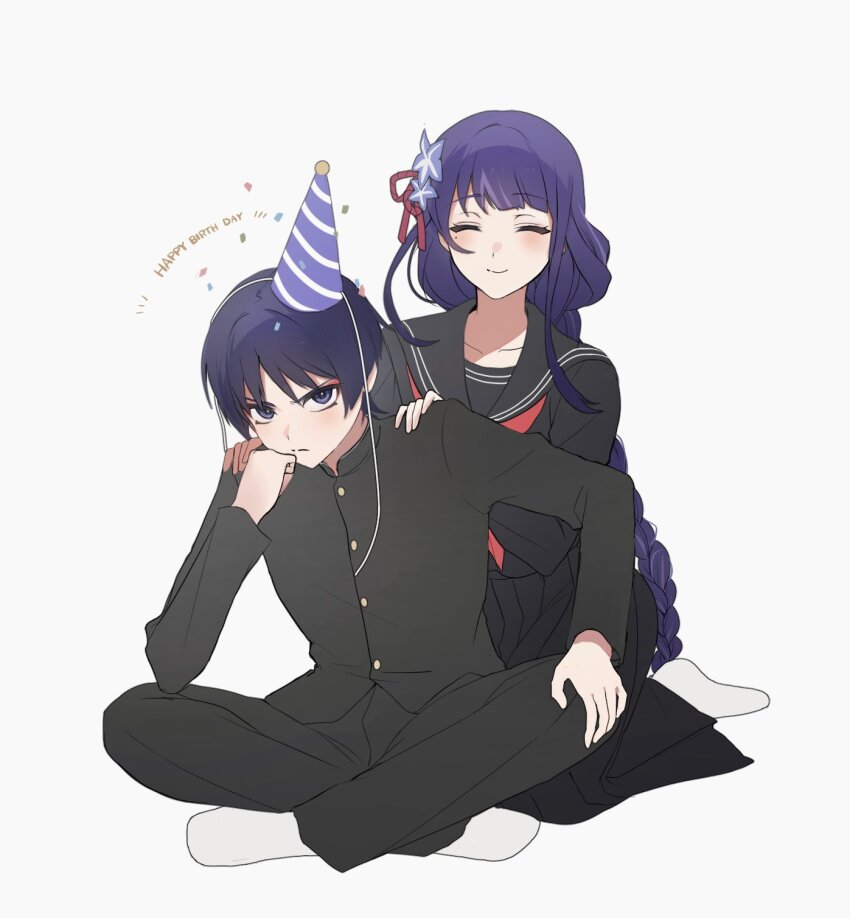 1boy 1girl black_jacket black_sailor_collar black_serafuku black_skirt blush braid chipietsu closed_eyes closed_mouth gakuran genshin_impact hair_ornament happy_birthday hat highres jacket long_hair long_sleeves mole mole_under_eye neckerchief pants party_hat pleated_skirt purple_hair raiden_shogun red_neckerchief sailor_collar scaramouche_(genshin_impact) school_uniform serafuku simple_background single_braid sitting skirt smile