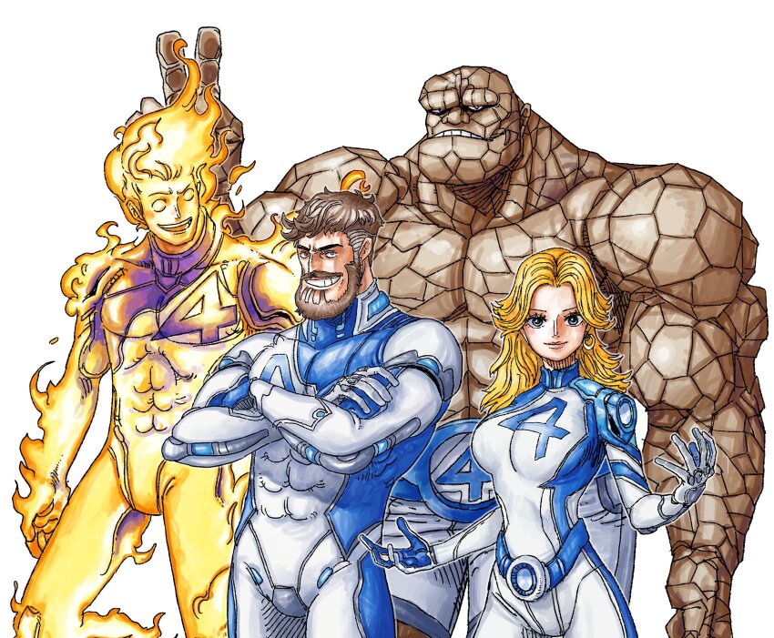 1girl 3boys abs beard ben_grimm blonde_hair blue_bodysuit blue_eyes bodysuit breasts brother_and_sister brown_hair bunny_ears_prank burning clenched_teeth cowboy_shot crossed_arms earrings eiichiroyoda facial_hair fantastic_four fiery_hair fire golem grey_hair grin hand_up hands_up highres hoop_earrings human_torch jewelry johnny_storm large_breasts long_hair marvel marvel_rivals multicolored_bodysuit multicolored_hair multiple_boys muscular muscular_male number_print oda_eiichirou_(style) open_mouth parody parted_lips reed_richards short_hair shorts siblings single_earring smile style_parody sue_storm superhero_costume teeth two-tone_bodysuit two-tone_hair v white_background white_bodysuit white_shorts