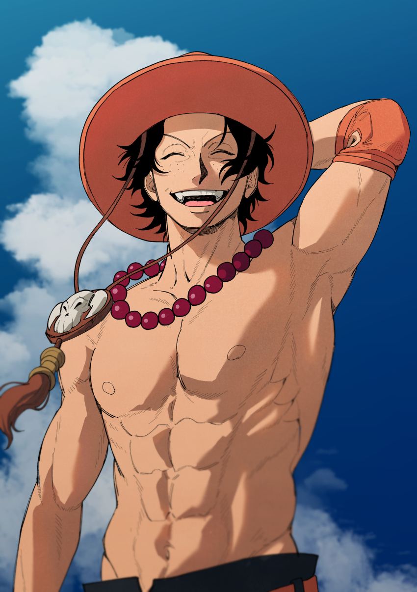 1boy :d ^_^ abs absurdres arm_behind_head arm_up armpits biceps black_hair blue_sky closed_eyes cloud collarbone commentary_request day elbow_pads freckles happy hat highres jewelry male_focus navel necklace nipples one_piece open_mouth orange_hat outdoors parted_bangs pearl_necklace pectorals portgas_d._ace short_hair single_elbow_pad sky smile solo stomach teeth upper_body upper_teeth_only usarinko v-shaped_eyebrows