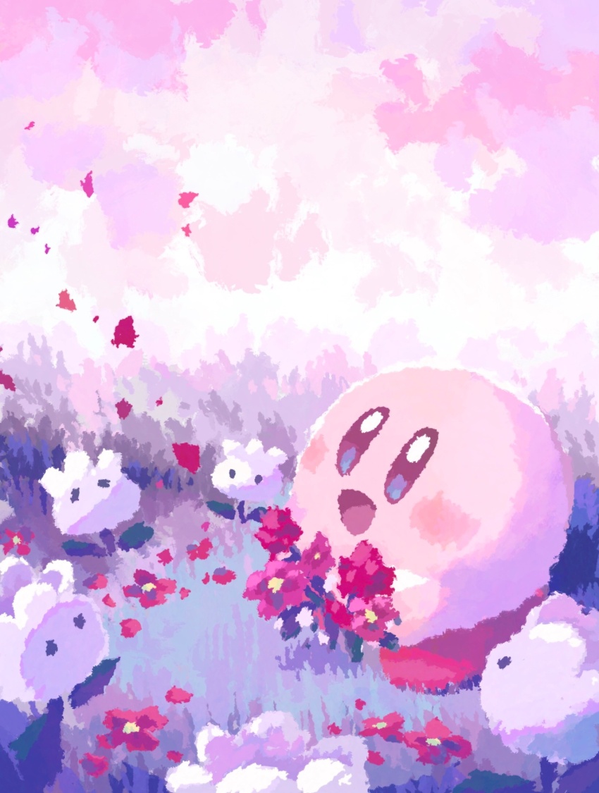 :d aruco_co blue_eyes blush blush_stickers bouquet cloud cloudy_sky flower grass highres holding holding_bouquet kamuribana kirby kirby_(series) nintendo no_humans open_mouth outdoors petals pink_sky red_flower sky smile solo white_flower