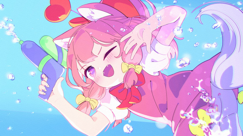 1girl absurdres animal_ears antennae blue_background bow cat_ears cat_girl fangs heart highres kaiketsu!_nekoashi_otome-chan nekoashi_otome pink_eyes pink_hair red_bow short_hair sisofu towelket_wo_mou_ichido water water_drop water_gun white_tail