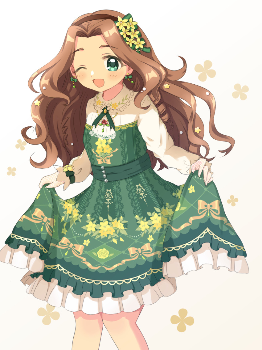 1girl ;d brown_hair brown_hairband curtsey dress earrings floral_print flower gloves green_dress green_eyes hair_flower hair_ornament hairband highres idolmaster idolmaster_cinderella_girls jewelry kahiika kusakabe_wakaba lace lace_gloves long_hair long_sleeves looking_at_viewer one_eye_closed open_mouth simple_background skirt_hold smile white_background