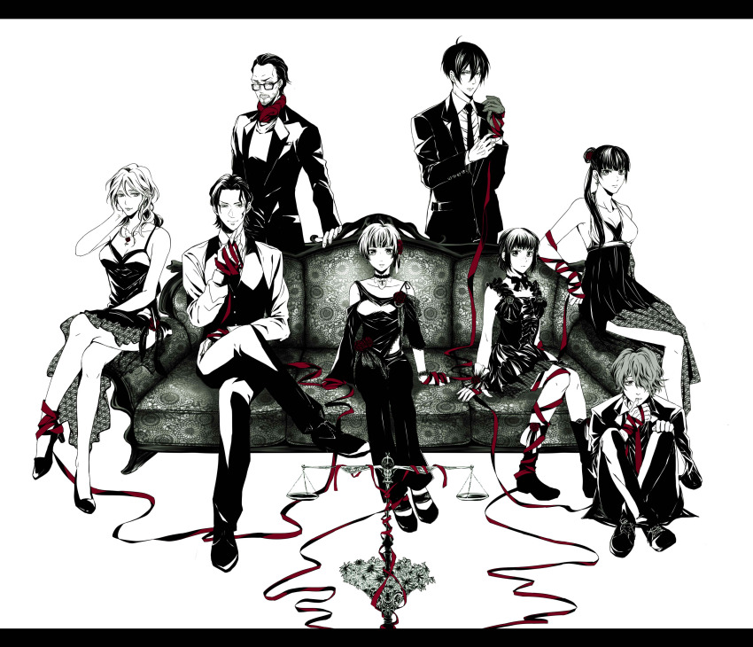 10s 4boys 4girls absurdres bad_id bad_pixiv_id couch dress flower formal ginoza_nobuchika glasses highres hinakawa_shou karanomori_shion kunizuka_yayoi letterboxed long_hair monochrome multiple_boys multiple_girls psycho-pass rera_(12169432) ribbon saiga_jouji scarf shimotsuki_mika short_hair spot_color suit tougane_sakuya tsunemori_akane weighing_scale