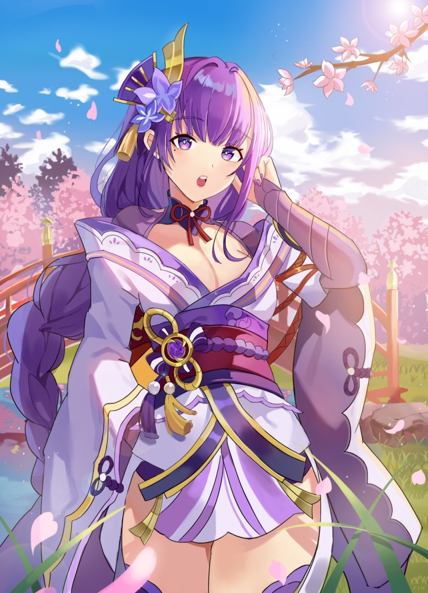 02bear20 1girl adjusting_hair arm_behind_back blue_sky breasts bridal_gauntlets cherry_blossoms cleavage commentary cowboy_shot falling_petals flower genshin_impact hair_flower hair_ornament highres japanese_clothes kimono long_hair looking_at_viewer low-braided_long_hair low-tied_long_hair neck_ribbon obi off_shoulder open_mouth petals pink_petals purple_eyes purple_flower purple_hair purple_shrug purple_thighhighs raiden_shogun red_ribbon red_sash ribbon sash short_kimono sky solo standing teeth thighhighs upper_teeth_only very_long_hair vision_(genshin_impact)