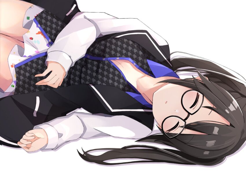 1girl black-framed_eyewear black_hair breasts cleavage closed_eyes collared_shirt idolmaster idolmaster_shiny_colors jacket lying miniskirt mitsumine_yuika multicolored_clothes multicolored_jacket multicolored_shirt no_headwear on_back open_mouth shirt skirt sleeping small_breasts solo thighs tukikataumemo twintails two-tone_jacket unbuttoned unbuttoned_shirt white_background white_skirt