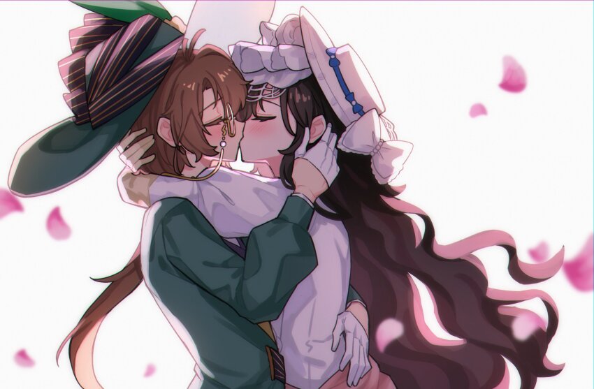 2girls arms_around_neck black_hair brown_hair closed_eyes dress eyewear_strap falling_petals from_side glasses gloves green_hat green_jacket haihaiera hand_on_another&#039;s_back hand_on_another&#039;s_head hat highres hug isolde_(reverse:1999) jacket juliet_sleeves kakania_(reverse:1999) kiss long_hair long_sleeves low_ponytail multiple_girls petals puffy_sleeves reverse:1999 round_eyewear upper_body very_long_hair white_background white_dress white_gloves white_hat white_veil yellow_gloves yuri